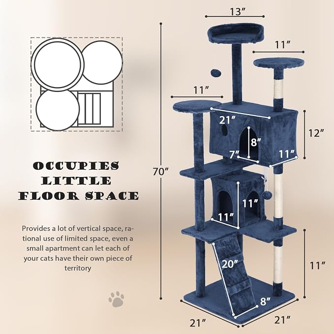 Heavy Duty Cat Tree Tower, 70" Tall Cat Tower for Indoor Cats with Cat Scratching Post with Bed, Cat Condo, Hanging Ball, Multi-Level Cat Climbing Tower Cat Trees Furniture Activity Center, Navy Blue