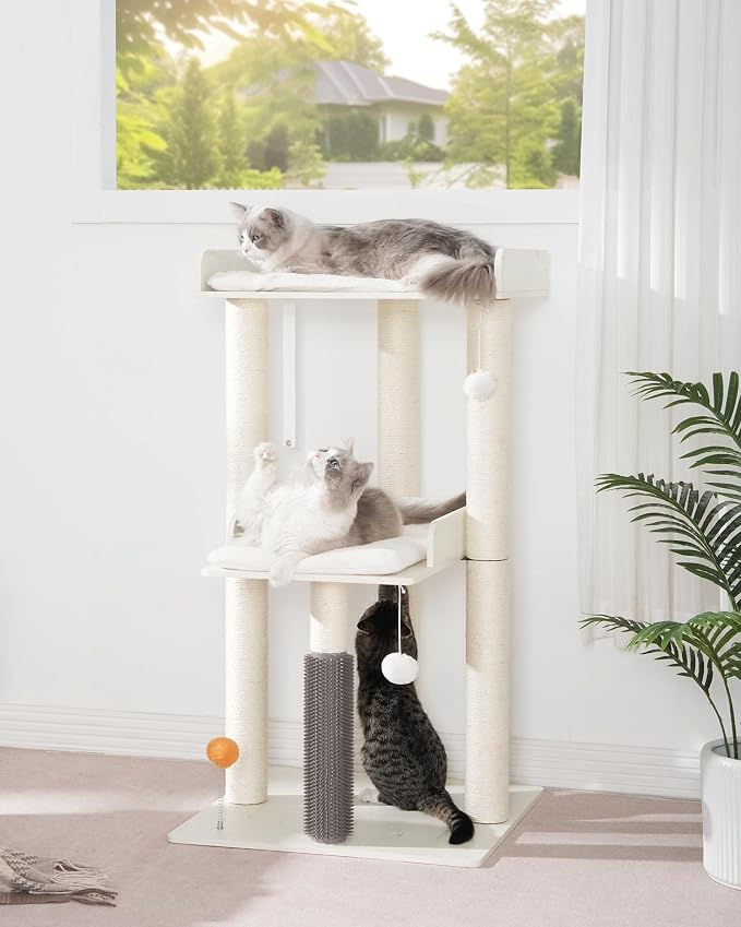 43.7" Cat Tree, Modern Cat Tree Tower, Cat Tower for Indoor Cats Large Adult, Cat Condo with Scratching Post, Large Perch and Removable Pads, White
