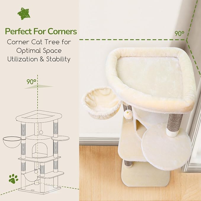 Globlazer Corner Stable Cat Tree Tower with Scratching Post, C51, Beige | 51in Space-Saving Multi-Level Cat Condo for Indoor Cats with Hammock, Large Top Perch for Large Cats, Cozy Cat Cave