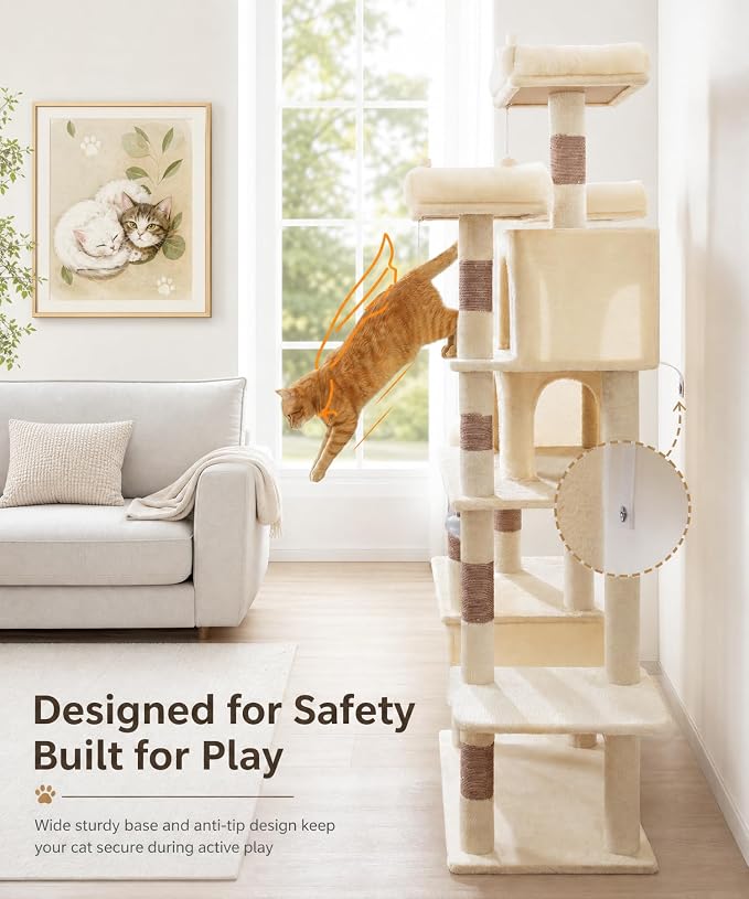 Cat Tower, 71 Inch Heavy Duty Cat Tree for Large Cats | Tall Multi-Level Cat Tree Tower with Extended Base, 2 Condos, 3 Perches, 9 Sisal Posts & Hammock for Indoor Adult Cats, Beige