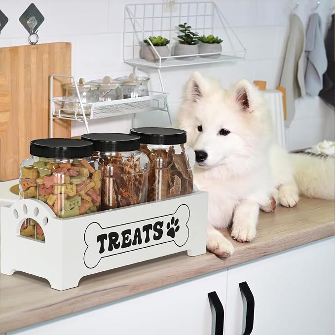 Dog Treat Container Dog Food Storage Container for Countertop, Cat Food Storage Container with 3 Plastic Dog Treat Jar, Dog Food Storage Container for Dog and Cat, White Wooden Dog Food Container