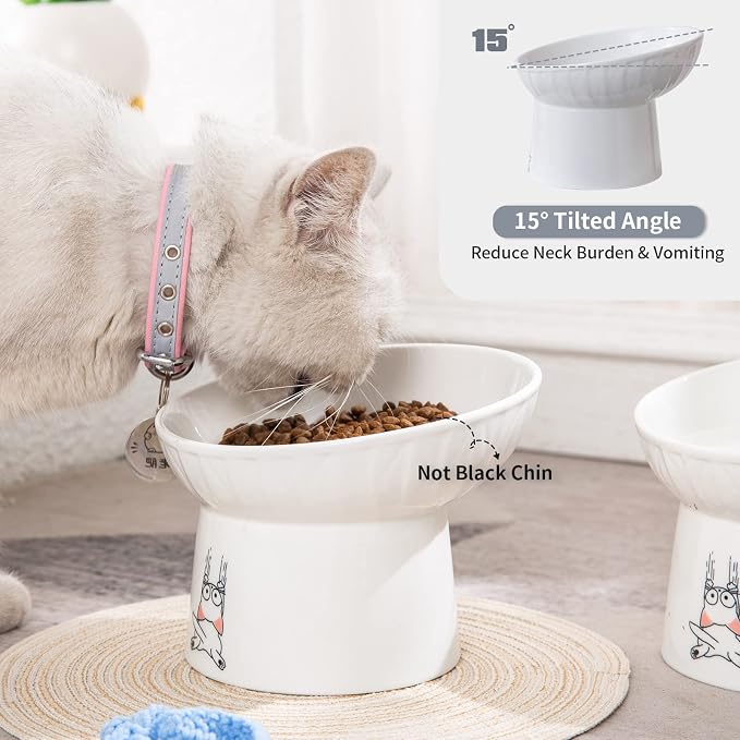 6.5 Inch Extra Wide Ceramic Raised Cat Bowls, Tilted Elevated Cat Bowl | Prevent Neck, Whisker Fatigue, Anti Vomit, for Elder Big Cats & Small Dogs, Dishwasher Microwave Safe, 2 Pack, White