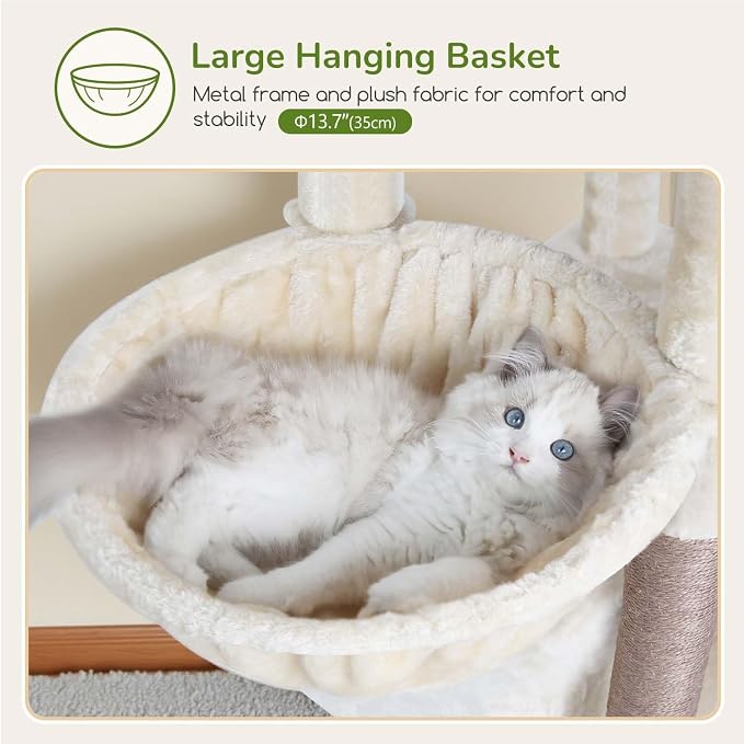 Globlazer F74B Cat Tree for Indoor Cats Large Adult, Multi-Cat, Beige | Easy Setup, 74in Tall Tower, Oversized Top Perch, 2 Large Condos, Hanging Basket, 5 Sisal Scratching Posts, Anti-Topple Strap