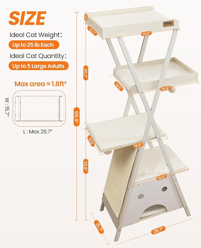 Modern Wood Cat Tree Tower for Indoor Cats Large Adult 67-in Tall | Heavy Duty XL Stable Wooden Cat Condo House Furniture with Multi-Level Spacious Perch Scratching Board Soft Washable Pads