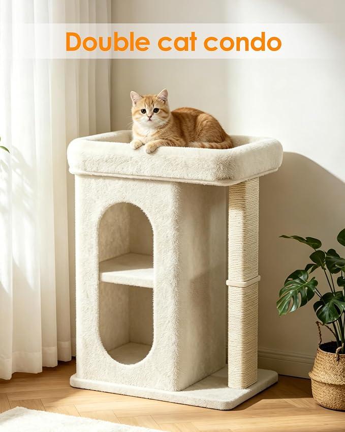 Cat Tree for Large Cat, Small Cat Tower with Large Perch Bed, Scratching Posts, Dual Condos for Indoor Cats Kittens, Beige