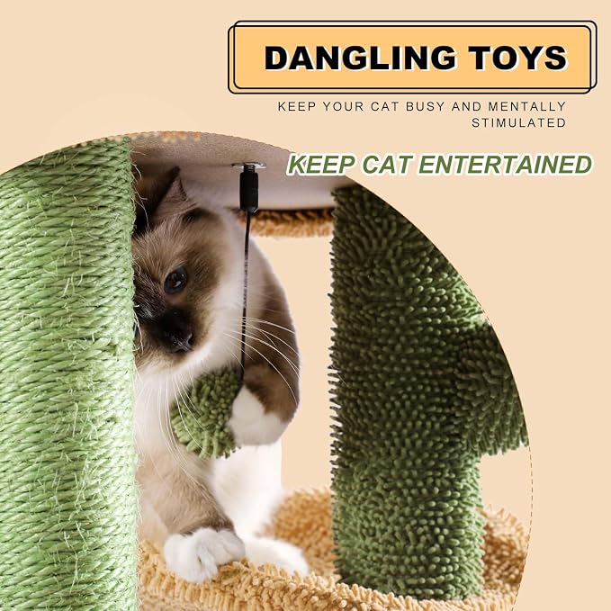 MUTTROS Cactus Cat Tree, Multi-Level Cat Tower with Large Metal Carpet Hammock, Cat Scratching Post for Indoor Cats with Condo & Replaceable Toy Ball, Green