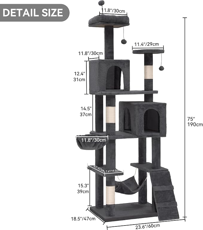 YITAHOME Cat Trees for Large Cats, Sturdy 75 inch Cat Tower | Cat Tower for indoor cats large adult with Scratching Post, Hammock, Cat Condo