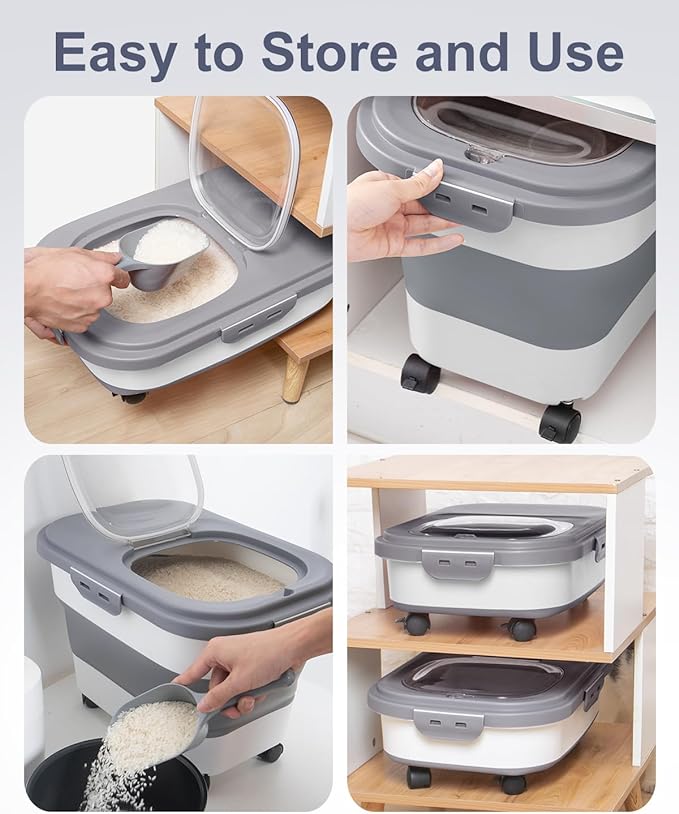 20-30 Lbs Rice Storage Container,Collapsible Food Storage Containers | Flour Storage Container with Wheels Airtight Locking Lid,Rice Container with Cup and Scoop,Suitable for Rice,Pet Food,Flour