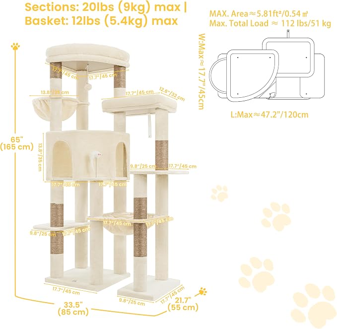 65" Cat Tree Tower, Anti-Tip Cat Condo for Indoor Cats VCT012MJ | Cat Furniture with Extra Wide Baseboard & Large Perch, 2 Hammocks, Cozy Condo, 7 Sisal Scratching Posts, Beige