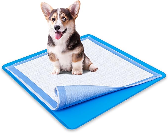 Skywin TidyFriend Dog Pee Pad Holder - Fits Up to 24” x 24” Pee Pad Holder for Dogs - Stable Grip, Soft Edges, Quick Wipe Silicone Surface Dog Pad Holder for Indoor Flooring Protection (Dark Blue)