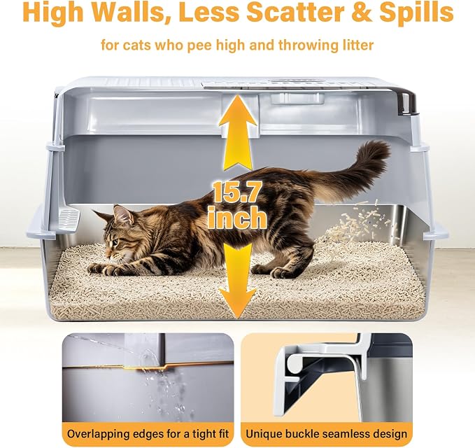 XXXL Stainless Steel Litter Box with Lid, Enclosed Metal Cat Litter Box | Extra Large Litter Boxes for Big Cat, Multiple Cats,Odor Control,Anti-Leakage, Includes Scoop & Pedal,27.75 x 19.75x 15.7