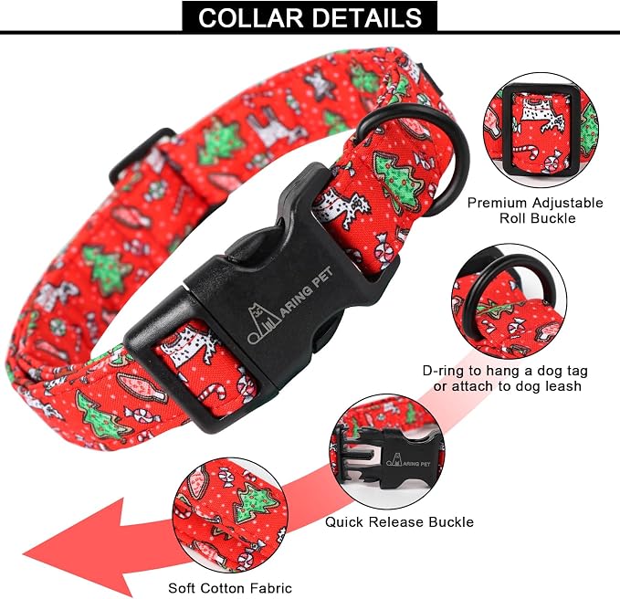 ARING PET Christmas Dog Collar, Cute Cotton Red Xmas Doggy Pet Puppy Collar for Small Medium Large Boy and Girl Dogs-XS