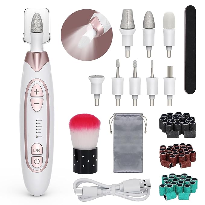 PELCAS Electric Nail File, 5 Speeds Nail Grinder for Thick Toenails | 5 Speeds Manicure and Pedicure Kit with LED Light, Electric Nail File for Human,Seniors,Thick Toenails,Natural, Acrylic Nails