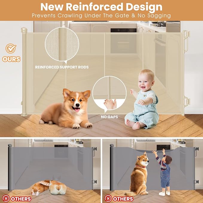 Spaceany Reinforced Retractable Baby Gate or Mesh Dog Gate,Easy to Use for Stairs, Doorways, Hallways, Indoor, Outdoor, Wide Pet Gate 33.5" Tall, Extends to 45" Wide, Cream