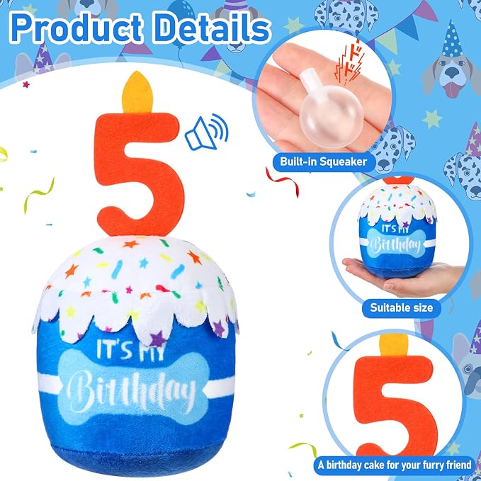 Dansydaisy Dog Birthday Cake Toy Squeaky Plush Toy for Girl Boy Gifts, Chew Accessories for Dog Birthday Party Decor Favor for Large, Medium and Small Dogs(5th,Blue)