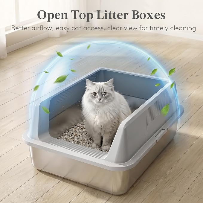 Lifewit Stainless Steel Litter Box for Kitty, Small Metal Cat Litter Tray with Non-Slip Pads, Anti-Leakage Top Entry and High Sided, Easy to Clean, 17.7" L×13.8" W×8.3" H, Gray