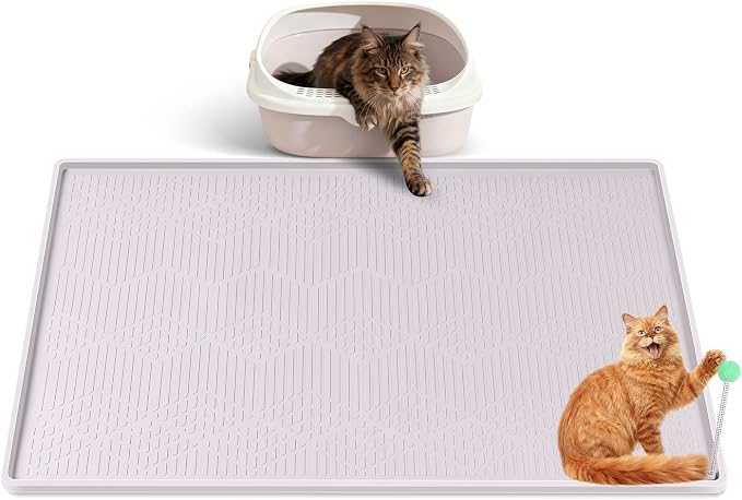 Silicone Cat Litter Box Mat 34'' x 22'' Cat Mat with Toy, White | Extra Large Litter Mat with lip, Non-Slip Waterproof Cat Litter Mat Litter Trapping Mat for Floor, Easy to Clean