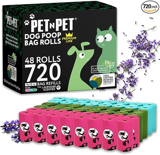 Pet N Pet 720 Counts Lavender Scented, Colorful Poop Bags for Dogs, 41% Plant Based & 59% PE Dog Poop Bags Rolls, Extra Thick Dog Waste Bag, Doggy Bag