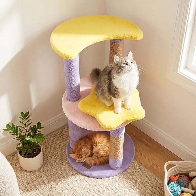 PETSITE 29-inch Cute Cat Tree, Multi-Level Small Cat Tree with Jute Scratching Post, Dangling Toy, Star and Moon-Shaped Perches, Ideal for Indoor Cats (Purple)