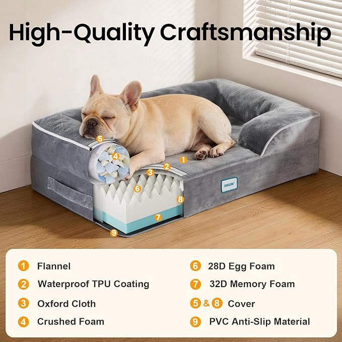 OhGeni Orthopedic Dog Bed Couch Cat Sofa for Medium Sized Pets with Memory Foam, Machine-Washable Waterproof Removable Cover, Soft Comfortable Fabric, 28-inch (Gray)