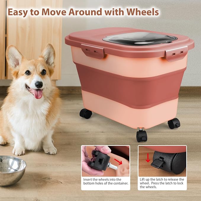 Viretec Dog Food Storage Container, 10-20Lbs Collapsible Pet Food Storage Containers with Rolling Wheel Airtight Locking Lid, Dry Food Storage Bin with Cup and Scoop,Suitable for Pet Food, Rice, Flour
