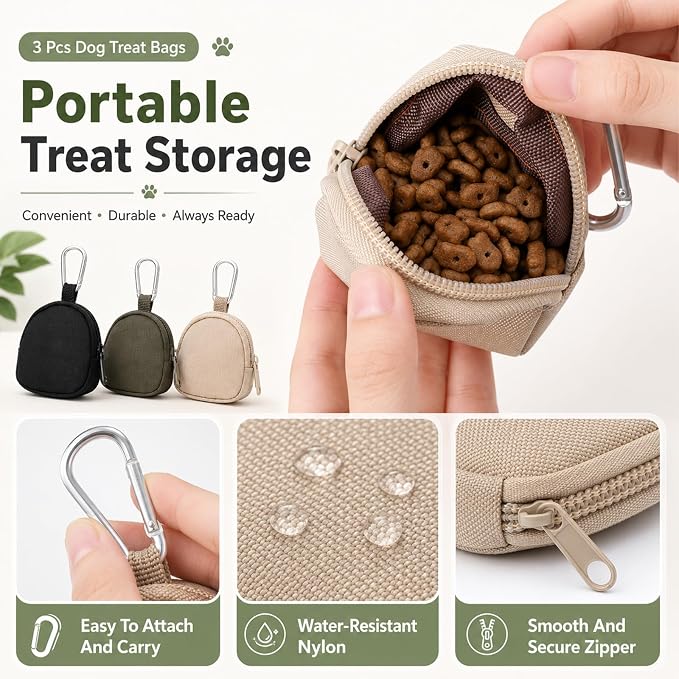 Bremorou 3 Pcs Dog Treat Pouch for Pet Training Waterproof Portable Reward Puppy Treat Bag Reusable Small Dog Treats Pouch Carabiner Poop Bag Holder for Outdoor Zipper Closure