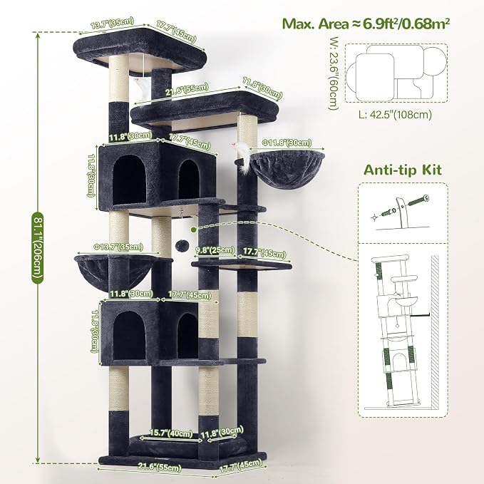 Globlazer Sturdy Extra Large Cat Tower for Indoor Cats, S81C, Dark Grey | 81 inch Heavy Duty Cat Tree for Indoor Large Adult with 8 Scratching Post, 2 Cat Condos, 2 Platform