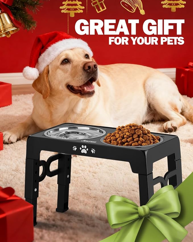 Jovrun Elevated Dog Bowls for Medium Large Size Dogs, Non-Slip Dog Feeder with 1*Stainless Steel Dishes & 1*Slow Feeder Bowl, 5 Heights Adjustable Raised Bowls to 3.15″-8.66″-9.84″-11.02″-12.2″
