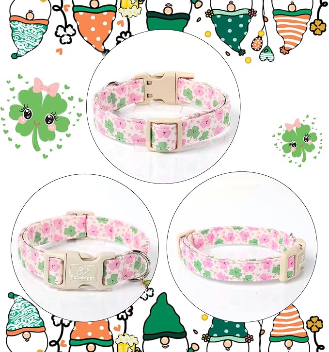 St Patricks Day Dog Collar for Medium Dogs - Cute Light Pink Shamrock Girl Dog Collars, Adjustable Irish Clover Puppy Collar with Quick Release Buckle M