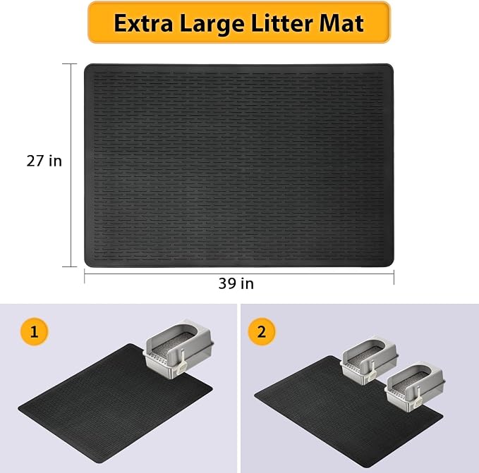 Cat Litter Mat, 39x27in Litter Box Mat Fits 1-2 Litter Boxes, Black | Large Litter Trapping Mat, Rubber Cat Mat with Raised Edges & Textured Surface, Non-Slip Bottom, Washable Easy Clean