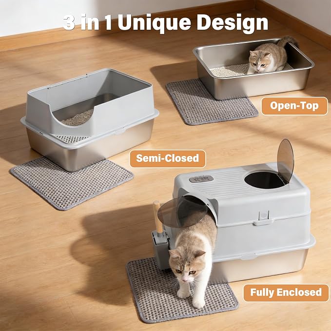 Stainless Steel Litter Box with Lid, XL Large Enclosed Cat Litter Box | Metal Cat Litter Box for Big Cats with High Sided,Anti-Leakage,Front & Top Entry,Includes Mat & Scoop