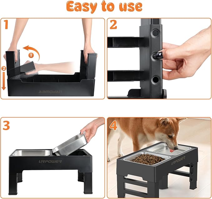 URPOWER Raised Dog Bowls 4 Height Adjustable Elevated Bowl Stand | Stainless Steel Water Bowl Non-Slip Dog Food Bowls Stand for Small Medium Large Dogs and Pets
