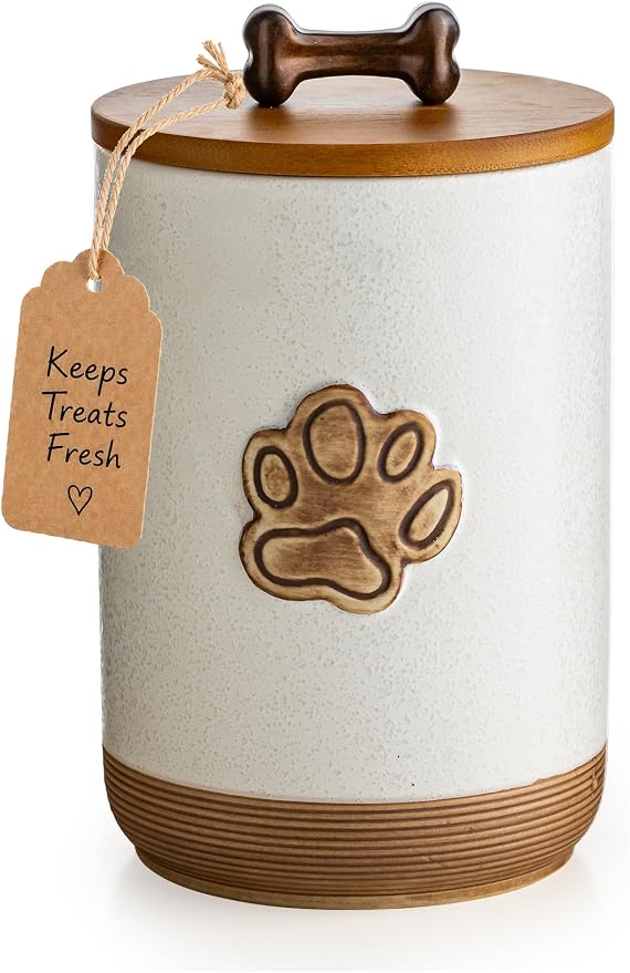 Miamolo Dog Treat Container, Airtight Dog Food Storage Container with Lid and Handle, Ceramic Pet Food Storage Jar for Kitchen Counter Farmhouse Dog Biscuit Jar, Dog Lovers Gift, Paw Glinting White