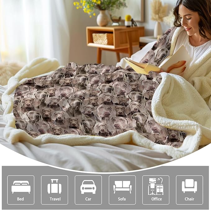 BlessLiving Fuzzy Dog Blanket for Kids Adults Puppy Lovey Fleece Blanket Reversible Animal Pattern Sherpa Throw (Weimaraner, 90 x 90 Inches)