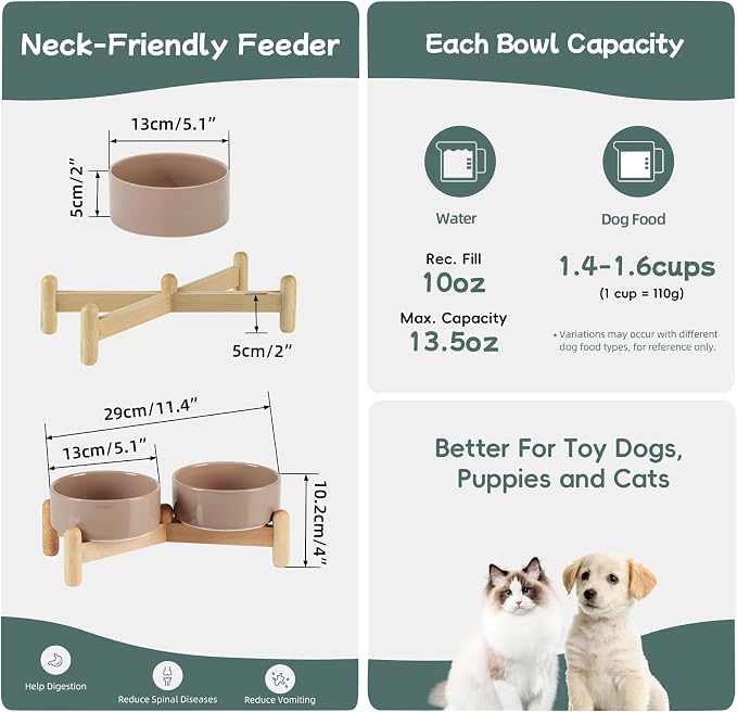 Havniva 5.1inch Ceramic Raised Dog Bowl with Stand, Double Dog Bowls Elevated for Small Breed Dog Food and Water Bowl Set Non-Slip Dog Dish Large Capacity Feeding Pet Water Bowl