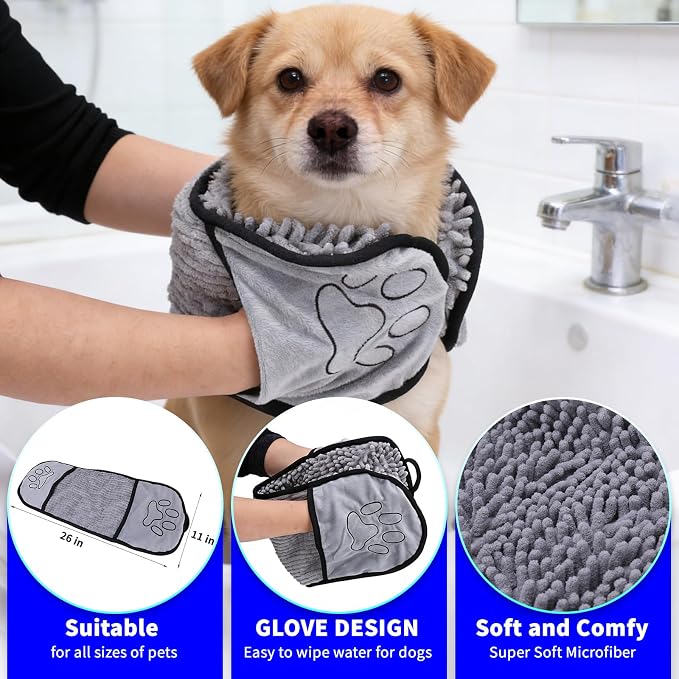 3PCS Dog Bath Kit,Dog Bath Brush | Dog Bath Gloves | Microfiber Dog Towel 26'' X 11'' Extra Soft Plush Chenille Dog Drying Towel to Dry Soggy Large Pets & Small Puppy