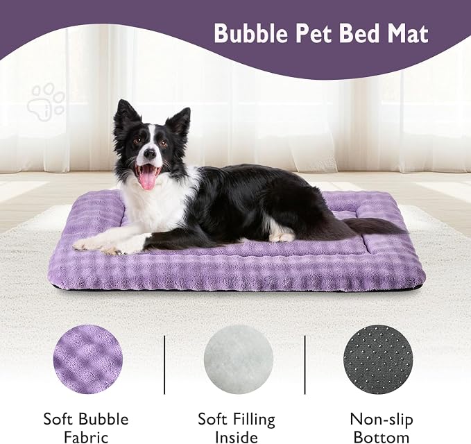 Dog Bed Mat Crate Pad for Large Dogs, Dusty Purple, 36"x 23" | Washable Soft Pet Sleeping Mat, Anti-Slip Kennel Pad with 3D Bubble Pattern