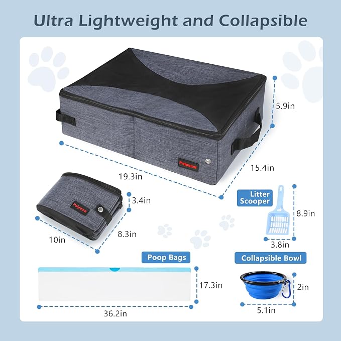 Portable Cat Travel Litter Box. Zipped Lid, Collapsible Litter Box for Cats. No Leakage, No Smell. Easy to Carry. Used for Hotels, Camping, Car (Gray,L)