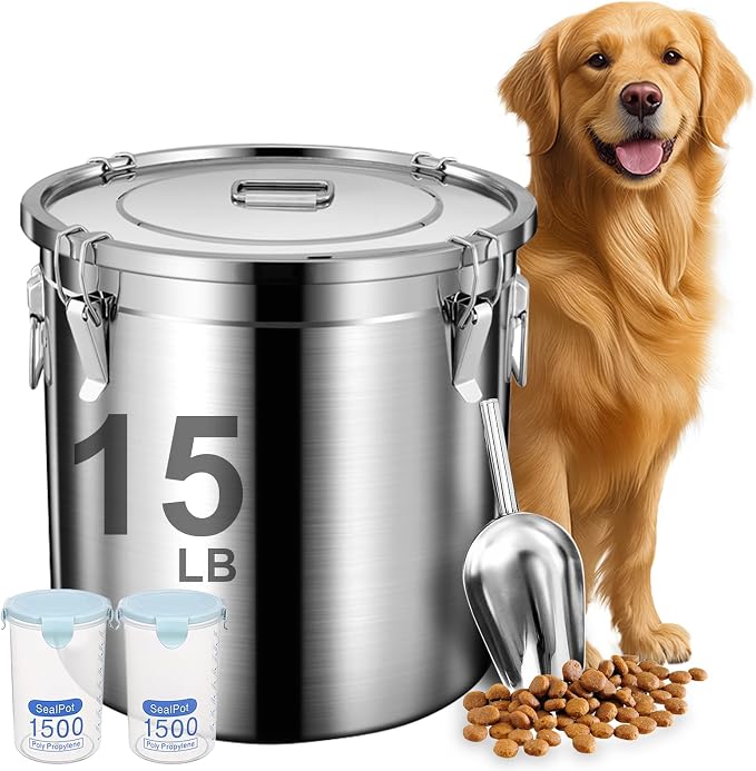 Newget 15lb Airtight Stainless Steel Dog Food Storage Container with Scoop | Large Metal Pet Food Containers Set with Sealed Lid, Metal Lock for Easy Open and Close, Keeps Fresh for Cat / Dog Food