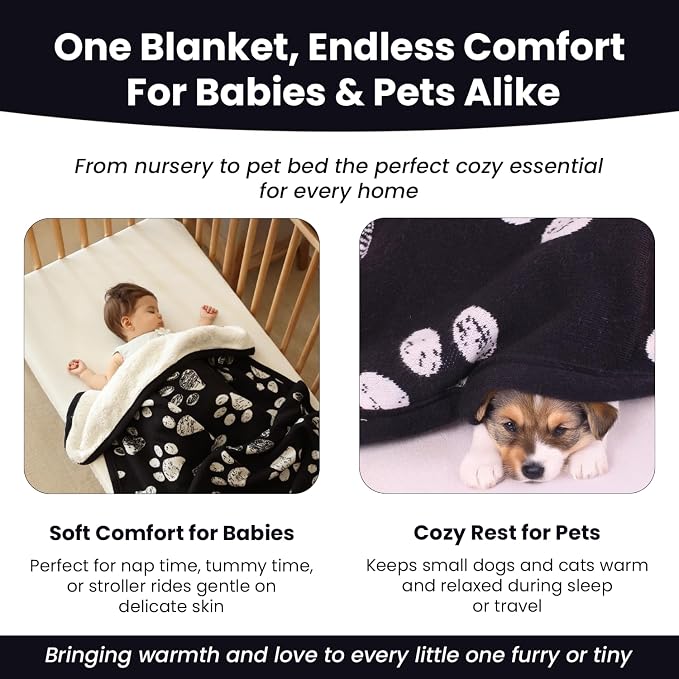 Small Pet Blanket - GOTS Certitied 100% Organic Cotton, Double Layer Plush Sherpa, Beige Jacquard Paw Knit, 30"x40", Ideal for Small Dogs and Cats - Soft and Warm