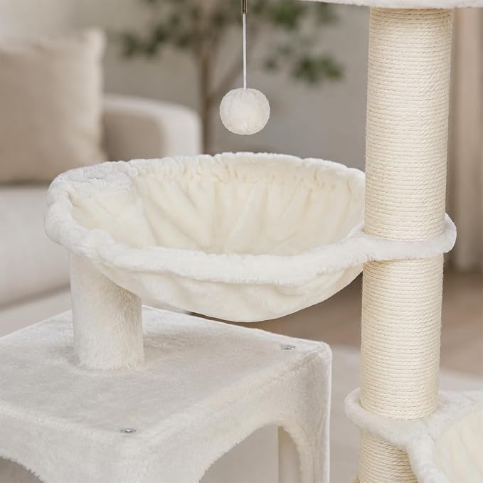 Smouatou Cat Tree with Cat Condo and Two Hammocks, Cat Tower with Scratching Posts and Scratching Pads Cat Toys, Beige