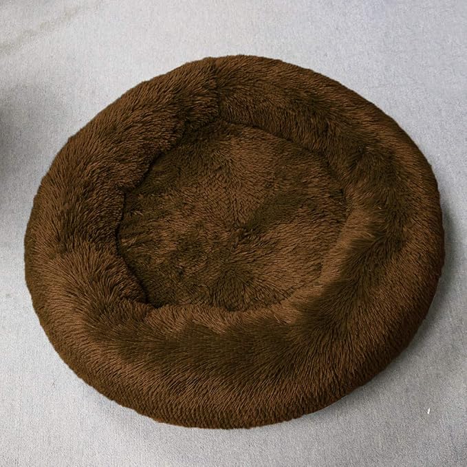 Faux Fur Dog Bed, Shag Round Anti-Anxiety Pet Calming Doughnut Cuddler for Medium Large Puppy Dog Cat Kennel Cushion Self Warming Bed (28'' D x 8'' H, Chocolate)