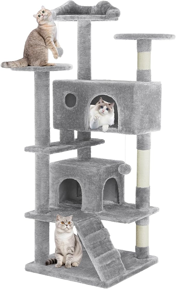 54 Inch Cat Tree Tower with Sisal Scratching Posts | Multi-Level Cat Tower with Climbing Ladder, Play Toy Balls House for Indoor Cats, Light Grey