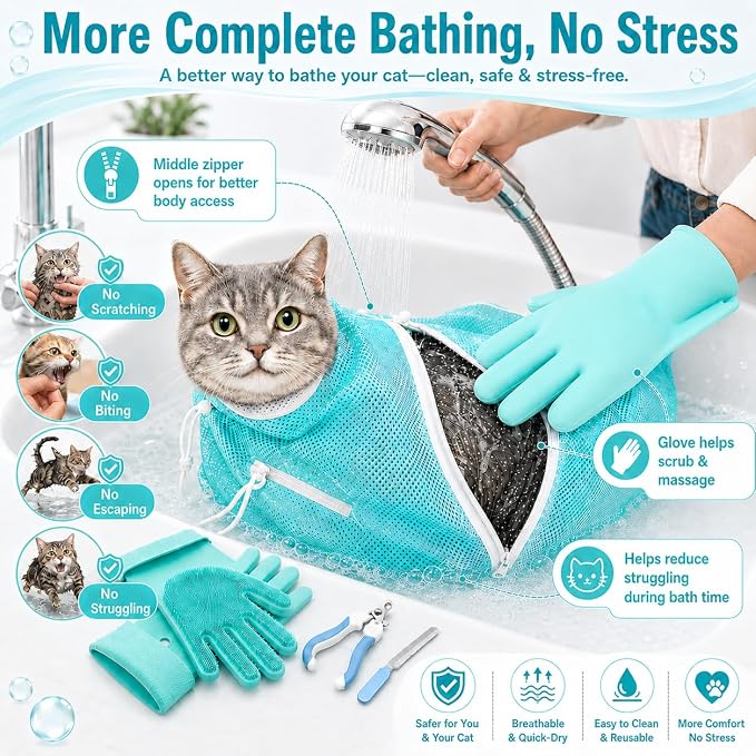 Cat Bathing Set with Pet Grooming Gloves for Cat Grooming, Upgraded Breathable Cat Bag for Bath with Openable Zipper and Reinforced Handle, Cat Washing Set with Nail Clipper File (Green)