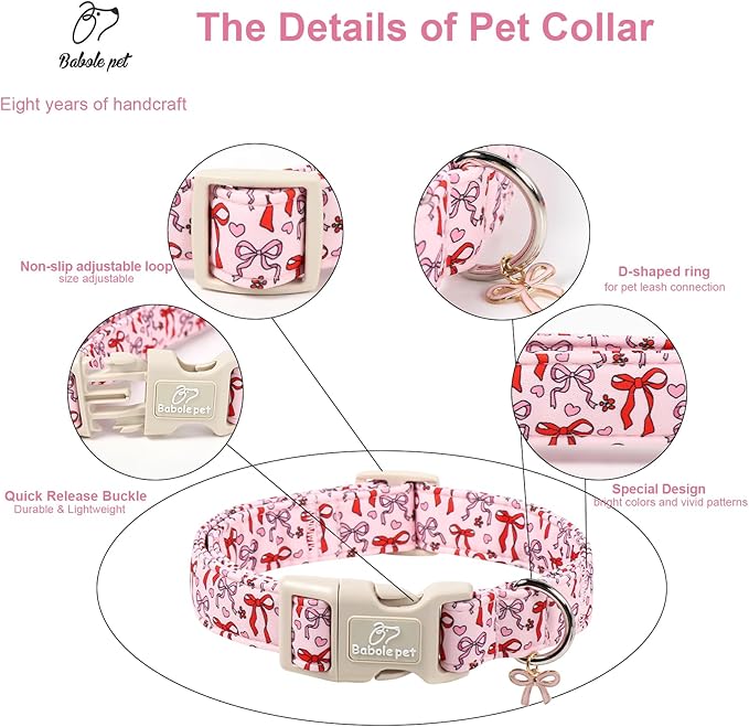 Girl Dog Collar for Large Dogs - Cute Heart Bow Print Girly Dog Collars, Soft Adjustable Spring/Summer Holiday Female Dogs Collar with Quick-Release Buckle XL