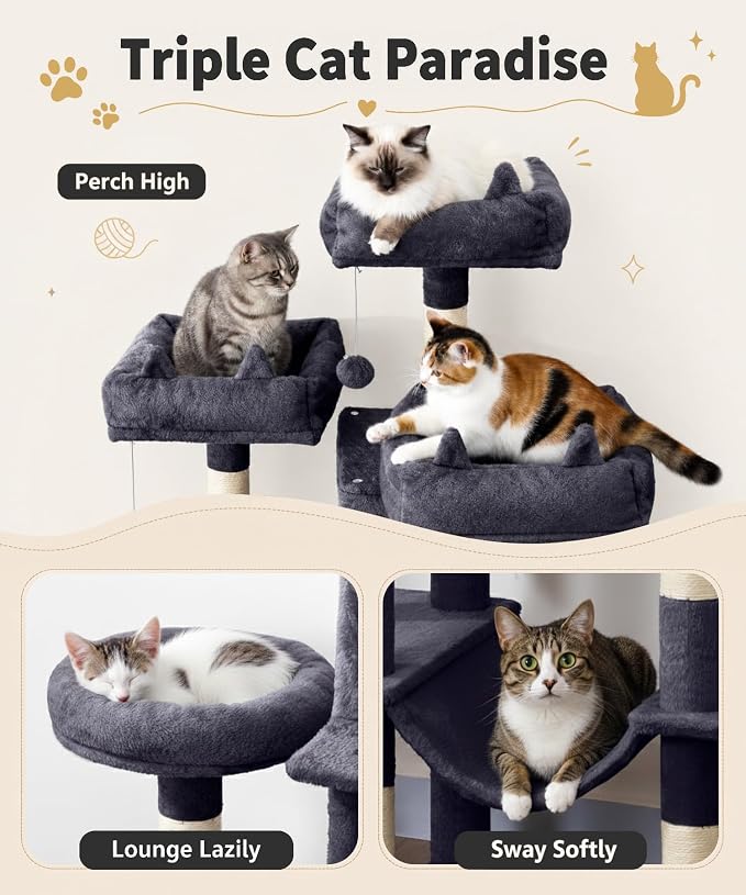 Cat Tower, 71 Inch Heavy Duty Cat Tree for Large Cats | Tall Cat Tree Tower with Extended Base, 2 Condos, 3 Perches, 9 Sisal Posts & Hammock for Indoor Adult Cats, Dark Grey