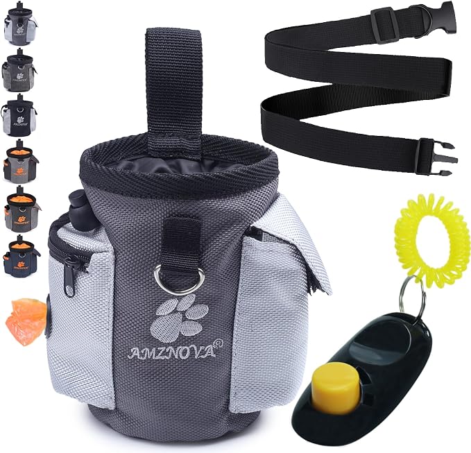 AMZNOVA Dog Treat Pouch Treatnow Dog Treat Bag, 3 Cups, Grey | Training Pouch with Waist Belt & Clicker for Training & Walking, Waist Clip On Snack Fanny Pack for Pet