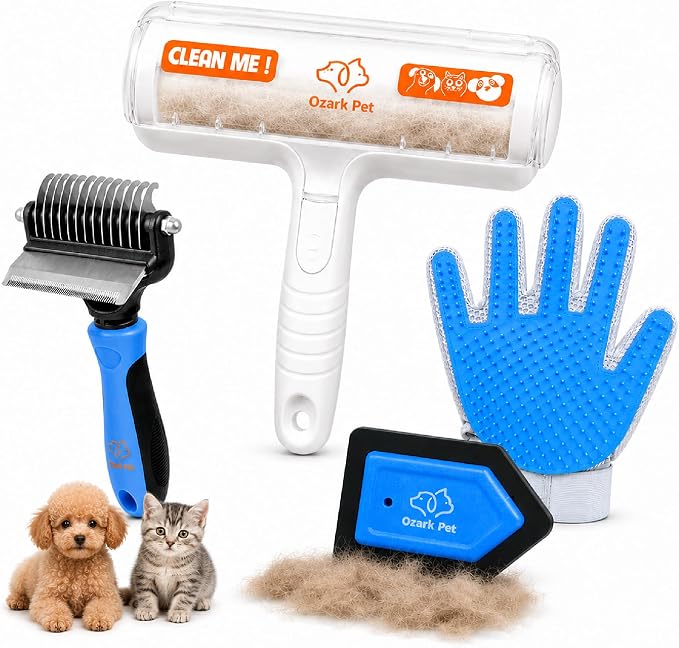 Ozark 4-in-1 Pet Care & Pet Hair Control System for Dogs & Cats – Deshedding Tool, Pet Hair Remover, Grooming Glove, Detail Cleaner for Furniture, Couch, Carpet, Home & Car (Blue, Combo 4-in-1 Large)