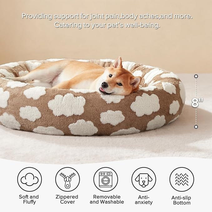JOEJOY Donut Dog Bed Medium Size Dog, Cute Round Calming Pet Bed with Removable Washable Cover, Orthopedic Puppy Bed with Jacquard Shaggy Plush & Non Skid Bottom