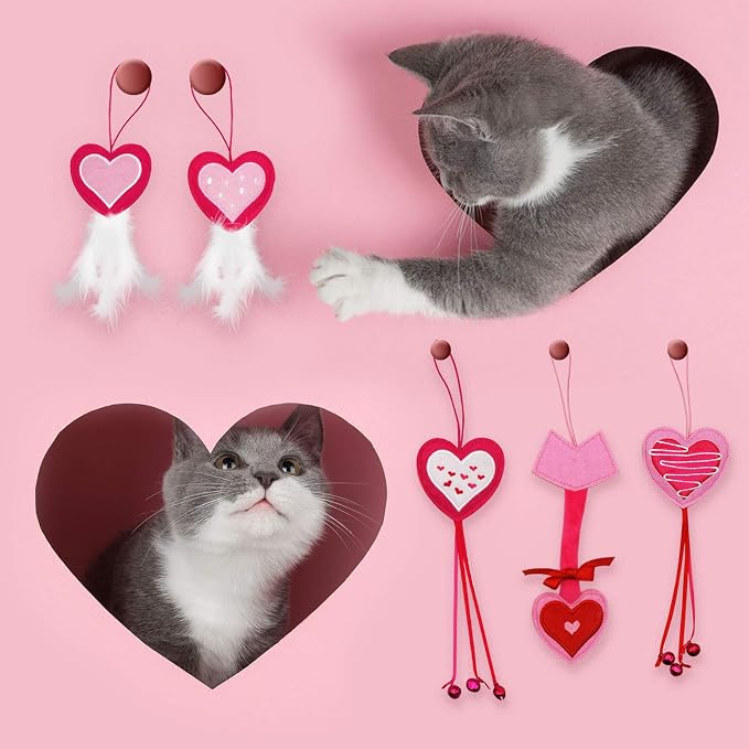 Valentine's Day Cat Toys, 5 Pack Catnip Toys with Feather and Bells, Hanging Cats Teaser Toys, Valentines Day Gifts for Indoor Cats & Kitten & Kitty